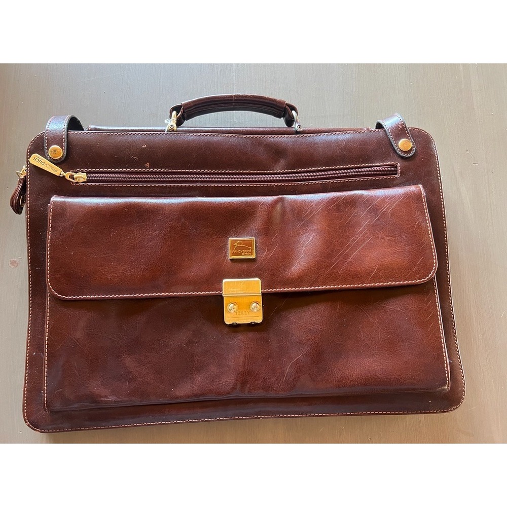 Vintage Fancy Duck Italy Leather‎ Briefcase Brown Brass Lock Attache Patina READ